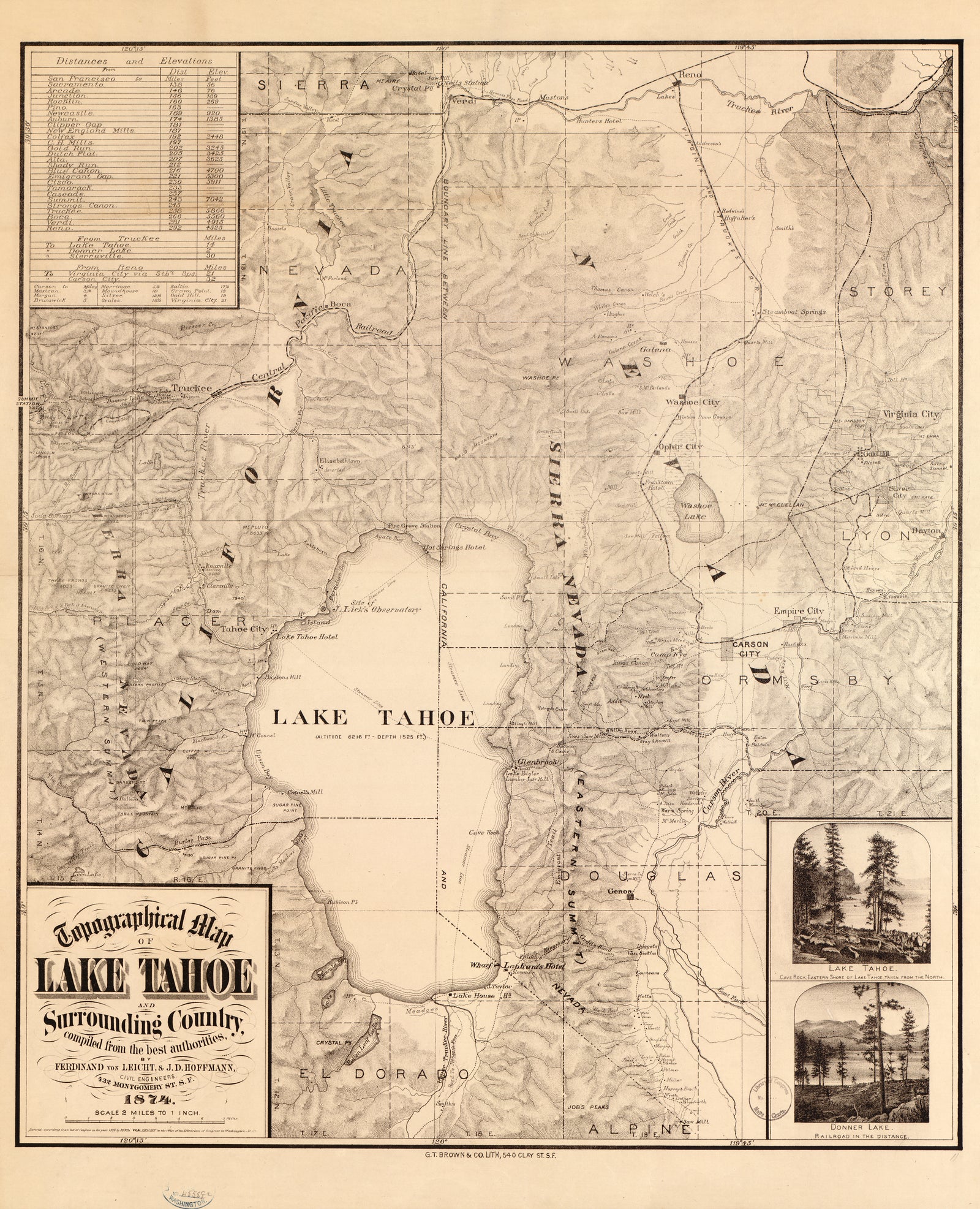 Topographical Map of Lake Tahoe and Surrounding Country, 1874