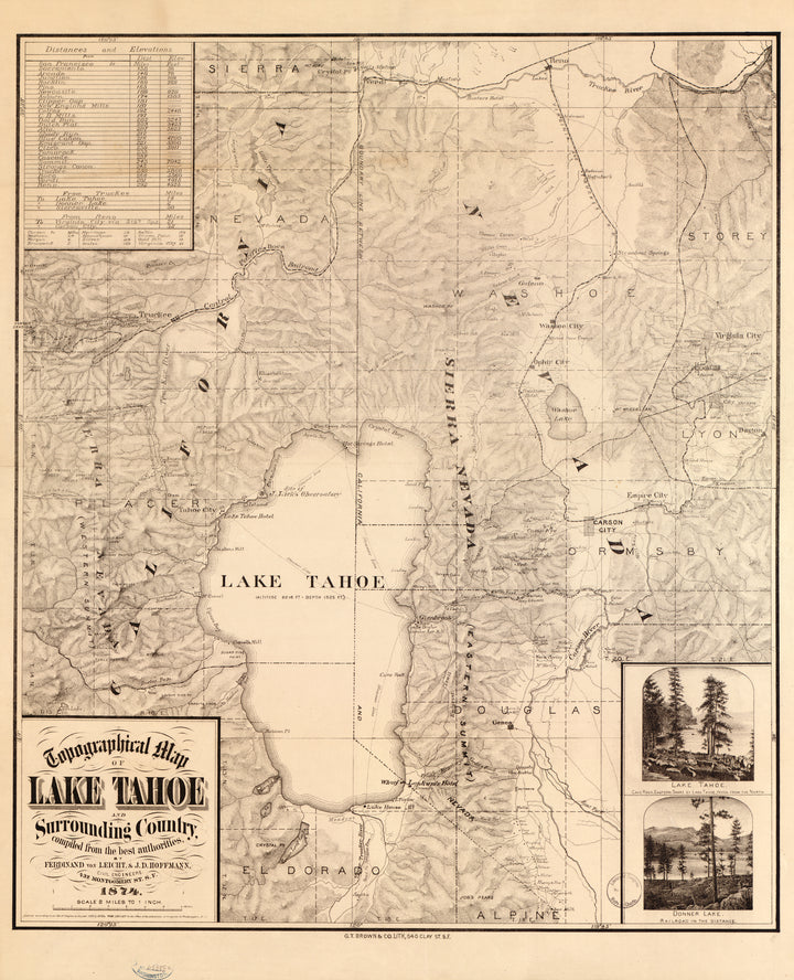 Topographical Map of Lake Tahoe and Surrounding Country, 1874
