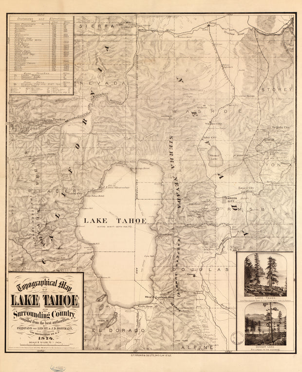 Topographical Map of Lake Tahoe and Surrounding Country, 1874