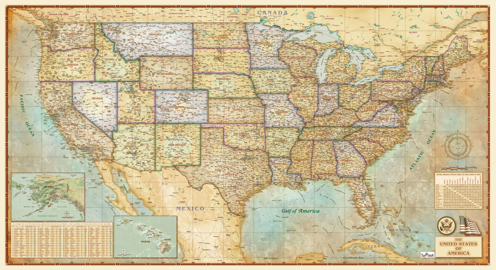 USA Antiqued Wall Map, Gulf of America Edition