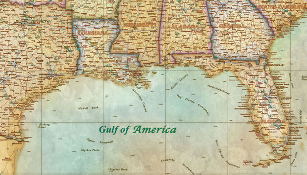 USA Antiqued Wall Map, Gulf of America Edition