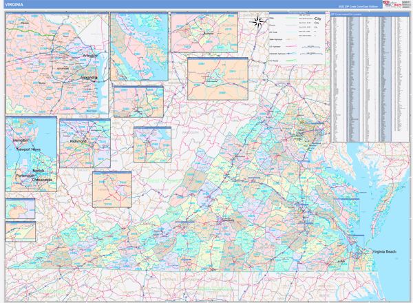 Color Cast Style Wall Map of Virginia