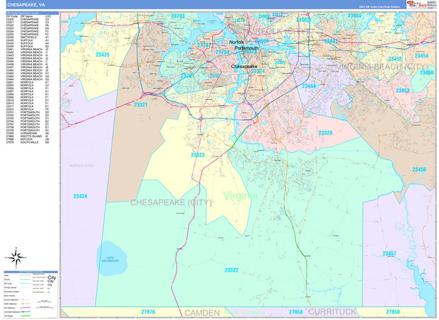 Color Cast Zip Code Style Wall Map of Chesapeake, VA by Market Maps