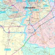 Color Cast Zip Code Style Wall Map of Chesapeake, VA by Market Maps