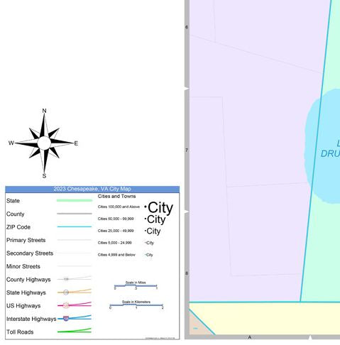 Color Cast Zip Code Style Wall Map of Chesapeake, VA by Market Maps