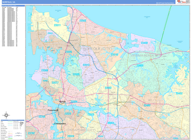 Color Cast Zip Code Style Wall Map of Norfolk, VA by Market Maps