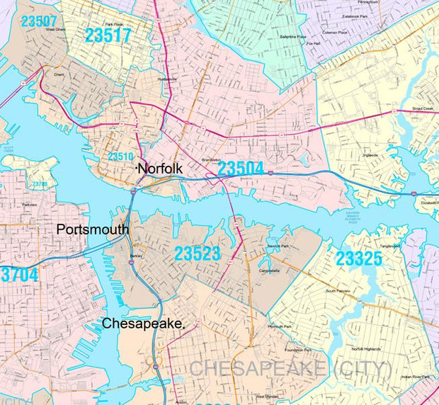 Color Cast Zip Code Style Wall Map of Norfolk, VA by Market Maps
