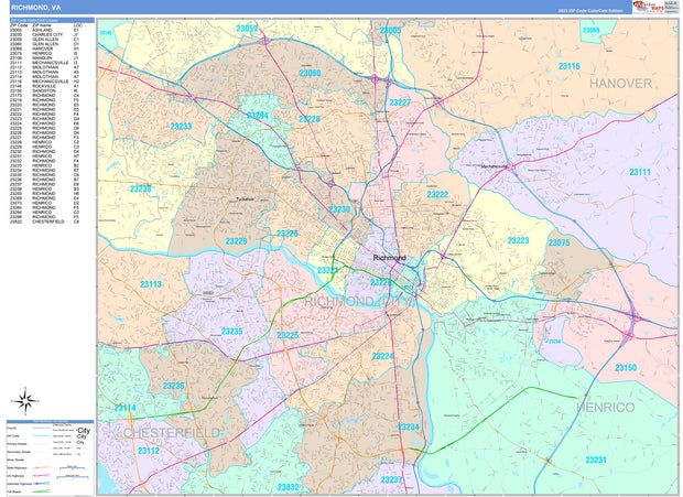 Color Cast Zip Code Style Wall Map of Richmond, VA by Market Maps