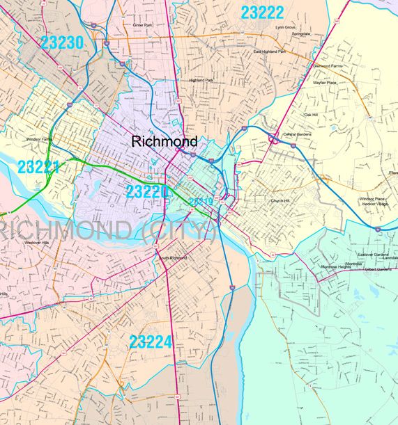 Color Cast Zip Code Style Wall Map of Richmond, VA by Market Maps