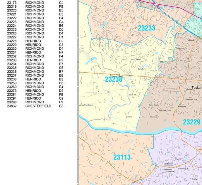 Color Cast Zip Code Style Wall Map of Richmond, VA by Market Maps ...