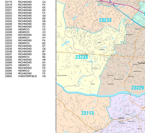 Color Cast Zip Code Style Wall Map of Richmond, VA by Market Maps