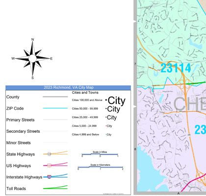 Color Cast Zip Code Style Wall Map of Richmond, VA by Market Maps