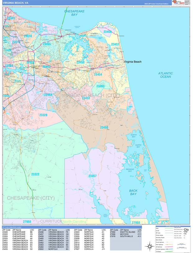 Color Cast Zip Code Style Wall Map of Virginia Beach, VA by Market Maps