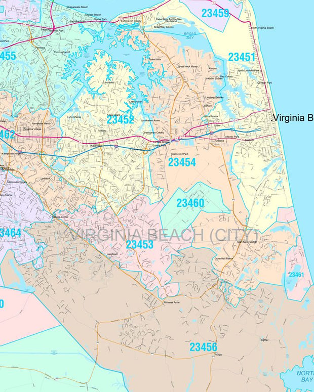 Color Cast Zip Code Style Wall Map of Virginia Beach, VA by Market Maps