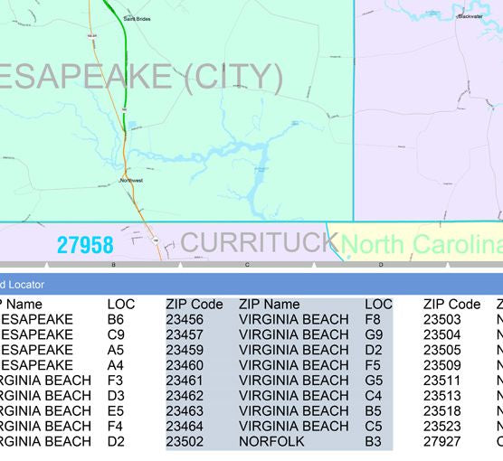 Color Cast Zip Code Style Wall Map of Virginia Beach, VA by Market Maps