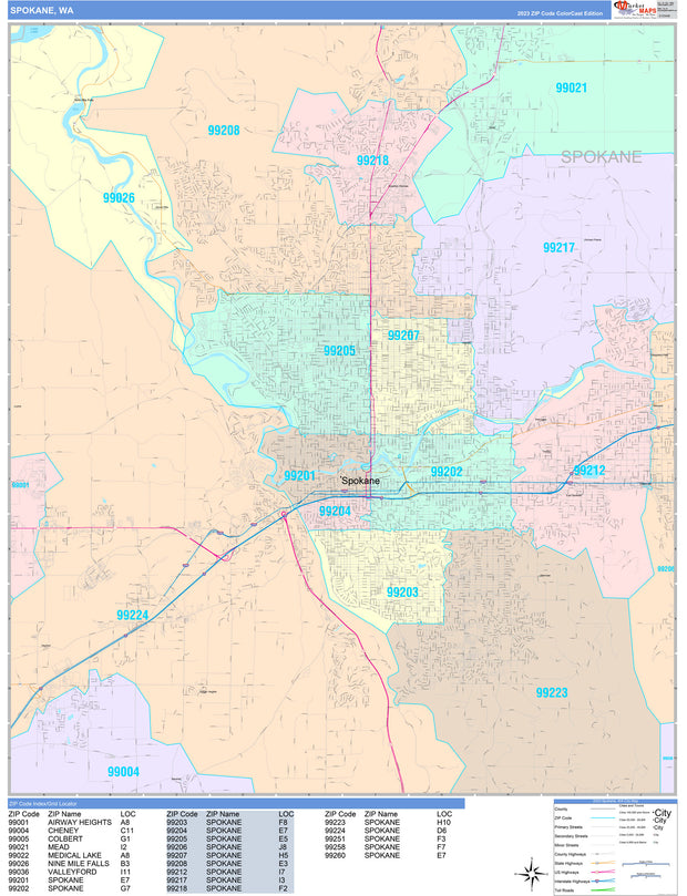 Color Cast Zip Code Style Wall Map of Spokane, WA by Market Maps