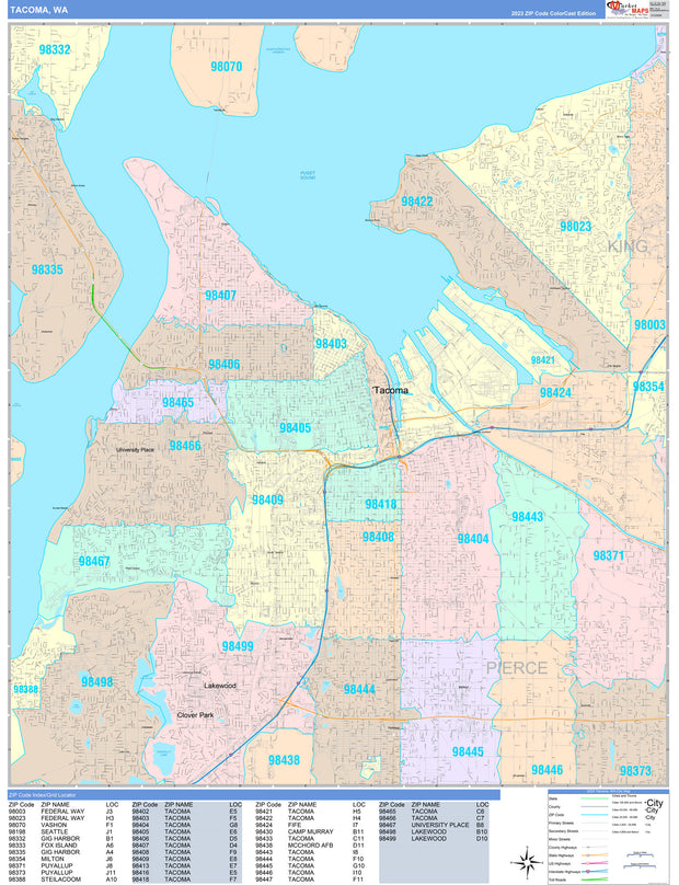 Color Cast Zip Code Style Wall Map of Tacoma, WA by Market Maps