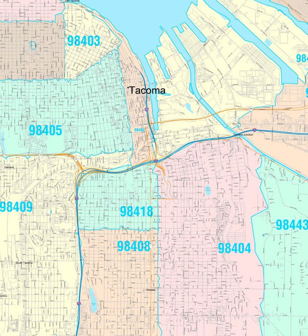 Color Cast Zip Code Style Wall Map of Tacoma, WA by Market Maps