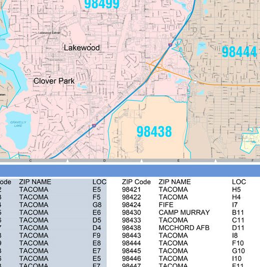 Color Cast Zip Code Style Wall Map of Tacoma, WA by Market Maps