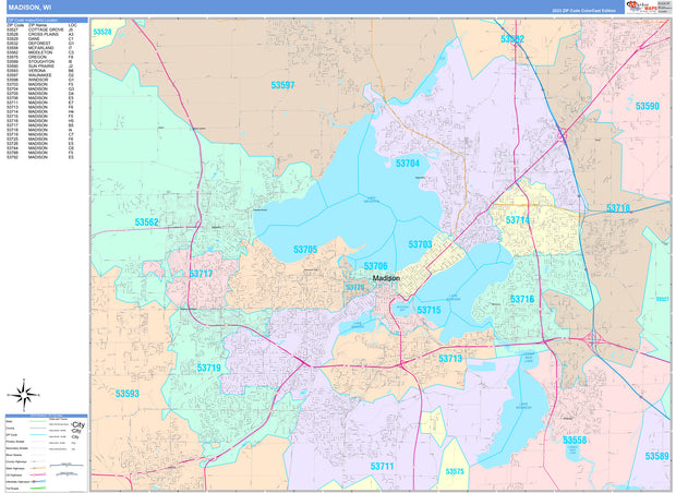 Colorcast Zip Code Style Wall Map of Madison, WI. by Market Maps