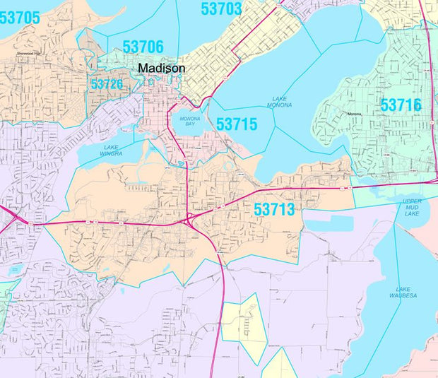 Colorcast Zip Code Style Wall Map of Madison, WI. by Market Maps