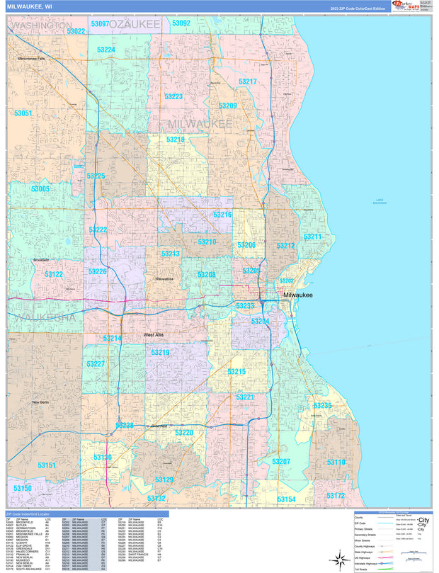 Colorcast Zip Code Style Wall Map of Milwaukee, WI. by Market Maps