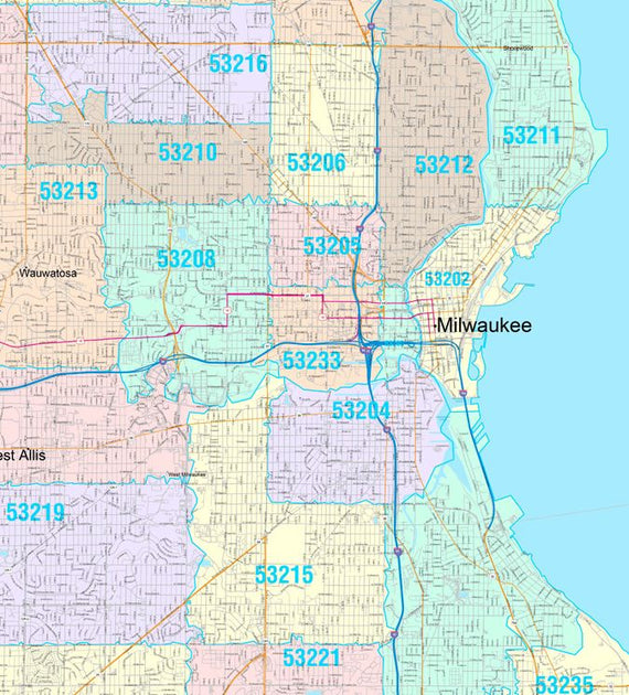 53558 Zip Code Colorcast Zip Code Style Wall Map of Milwaukee, WI. by Market Maps ...