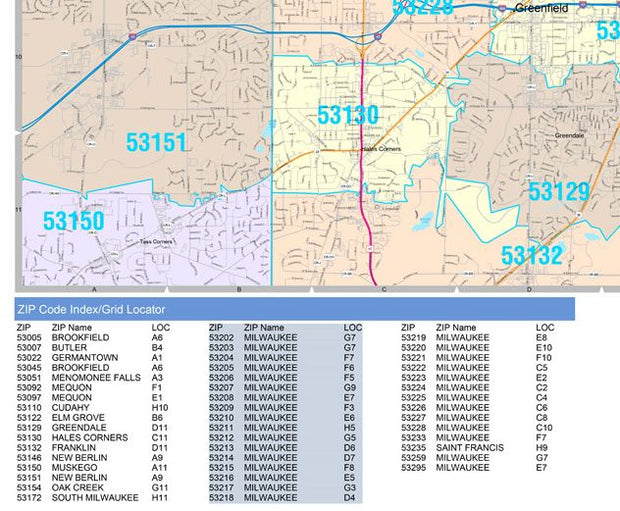 Colorcast Zip Code Style Wall Map of Milwaukee, WI. by Market Maps