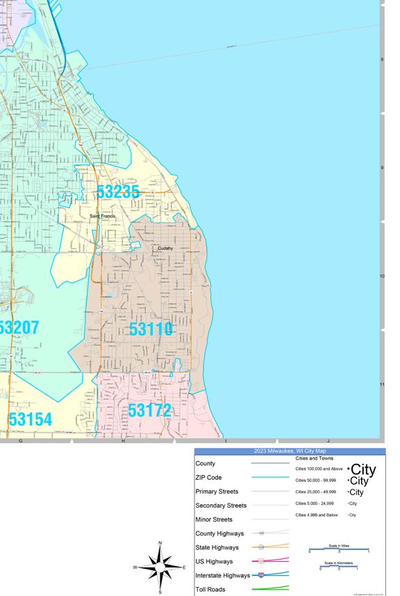 Colorcast Zip Code Style Wall Map of Milwaukee, WI. by Market Maps