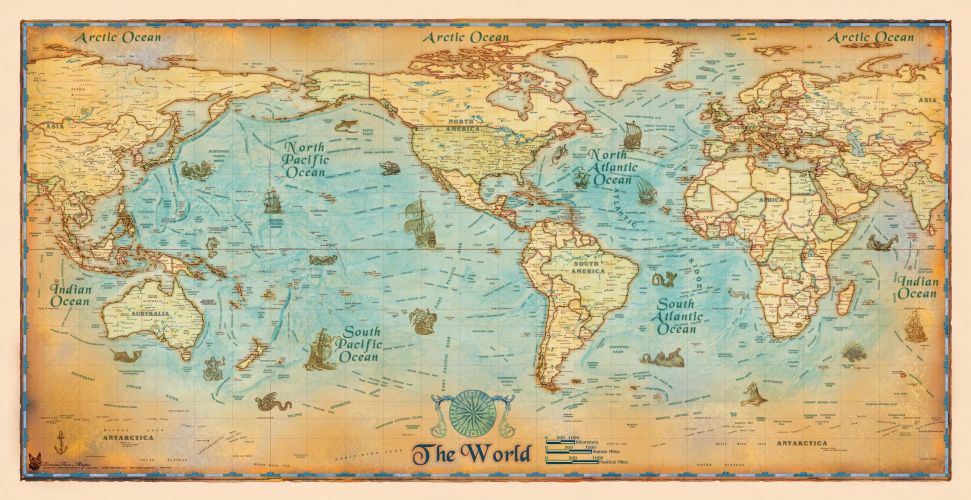 Antiqued World Wall Map