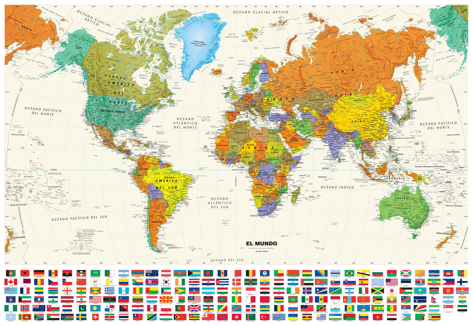 Mapamundi Contemporáneo en Español con Banderas