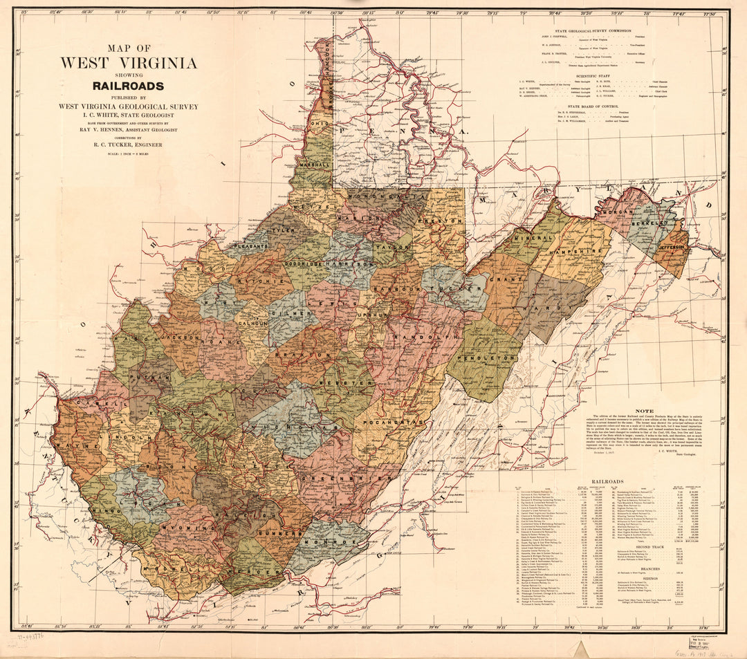 Map of the State of West Virginia Showing Railroads, 1917