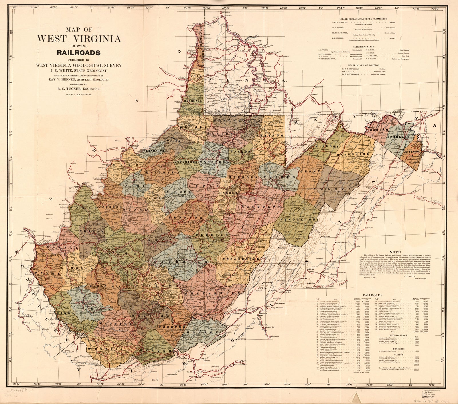 Map of the State of West Virginia Showing Railroads, 1917