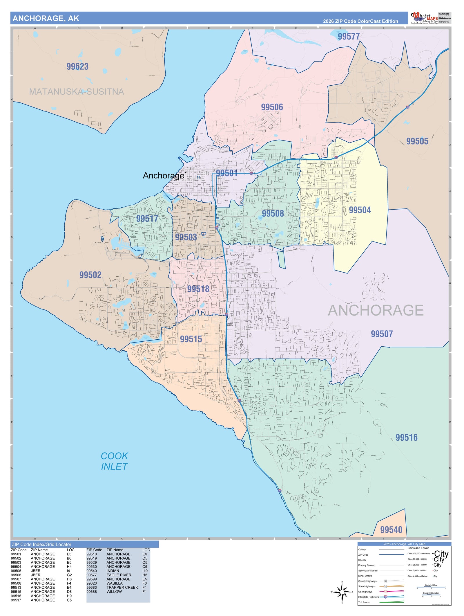 Color Cast Zip Code Style Wall Map of Anchorage AK