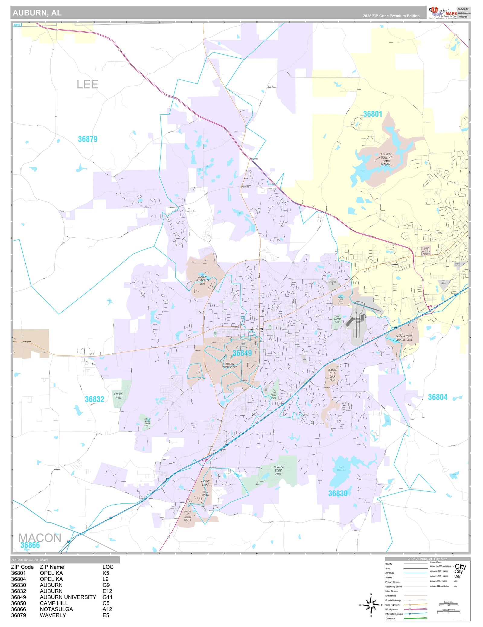 Premium Style Wall Map of Auburn, AL