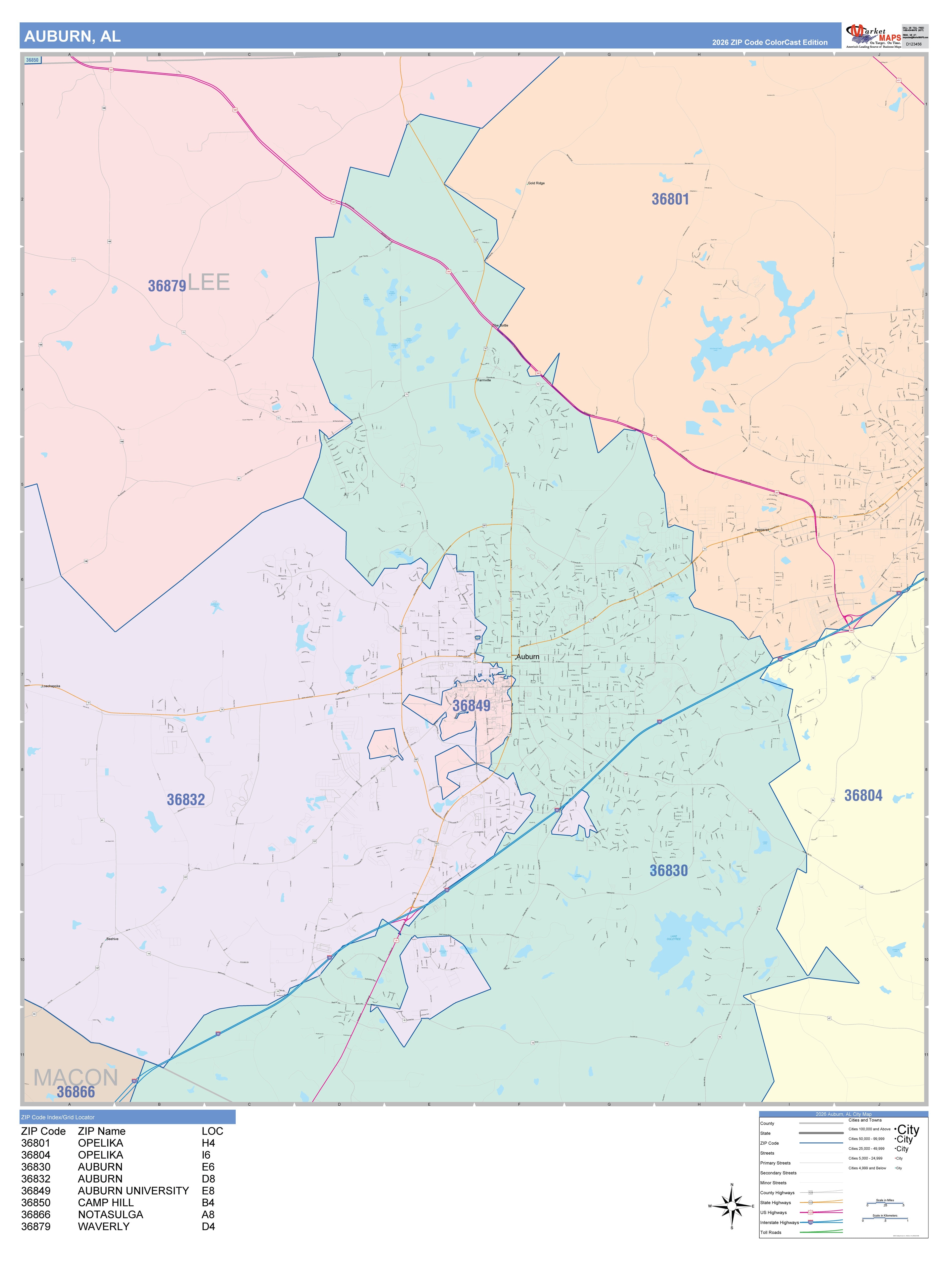 Color Cast Zip Code Style Wall Map of Auburn, AL – American Map Store