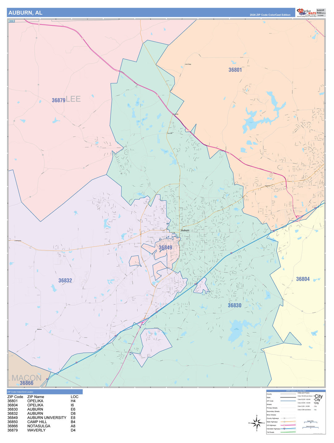 Color Cast Zip Code Style Wall Map of Auburn, AL
