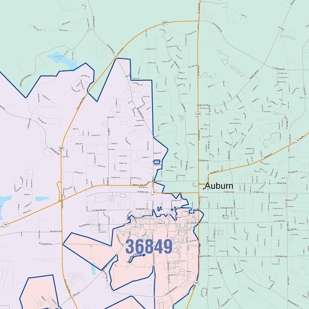 Color Cast Zip Code Style Wall Map of Auburn, AL