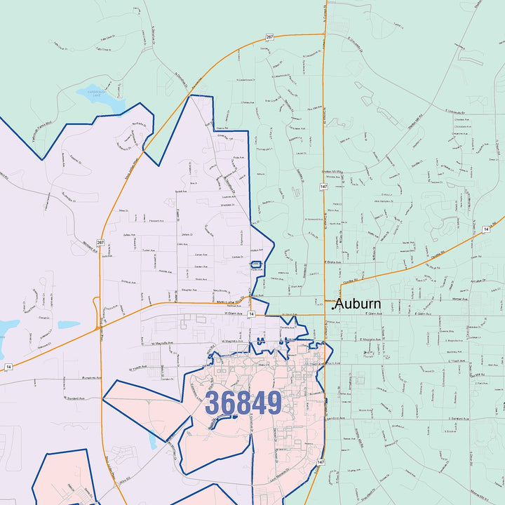 Color Cast Zip Code Style Wall Map of Auburn, AL