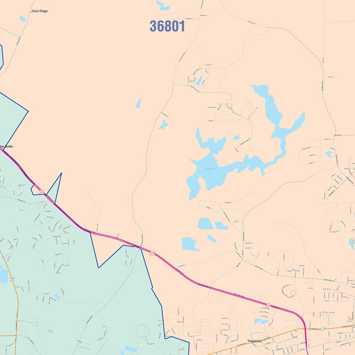 Color Cast Zip Code Style Wall Map of Auburn, AL