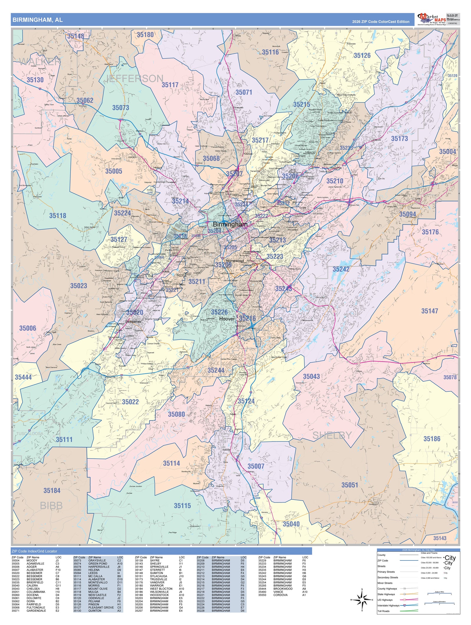 Color Cast Zip Code Style Wall Map of Birmingham AL