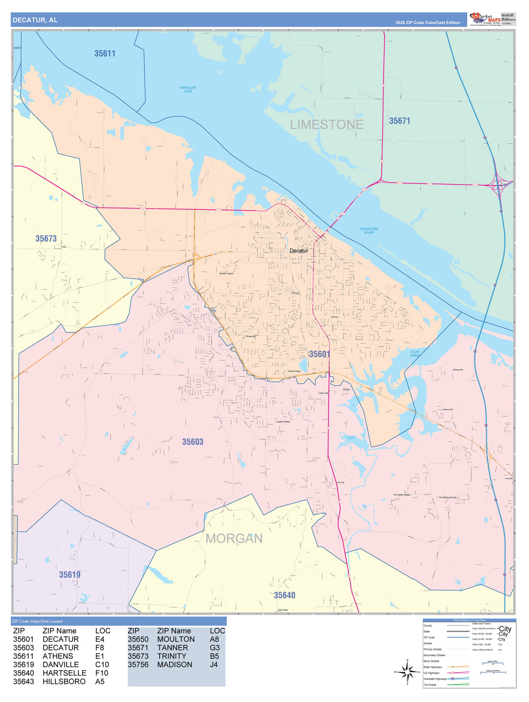 Color Cast Zip Code Style Wall Map of Decatur, AL