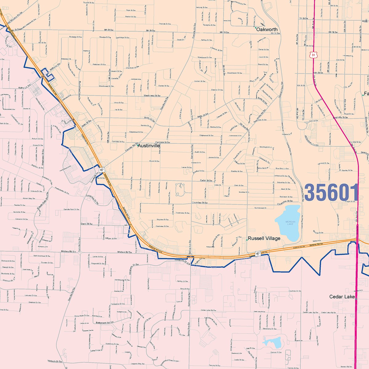 Decatur County Zip Code Map Color Cast Zip Code Style Wall Map of Decatur, AL – American Map Store