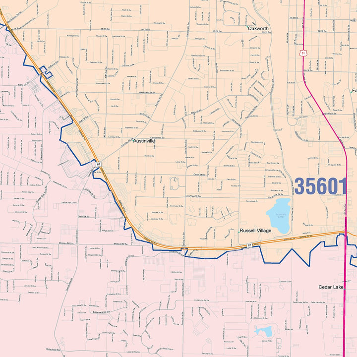 Color Cast Zip Code Style Wall Map of Decatur, AL