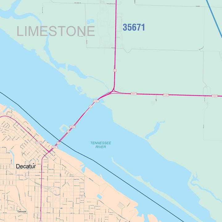 Color Cast Zip Code Style Wall Map of Decatur, AL