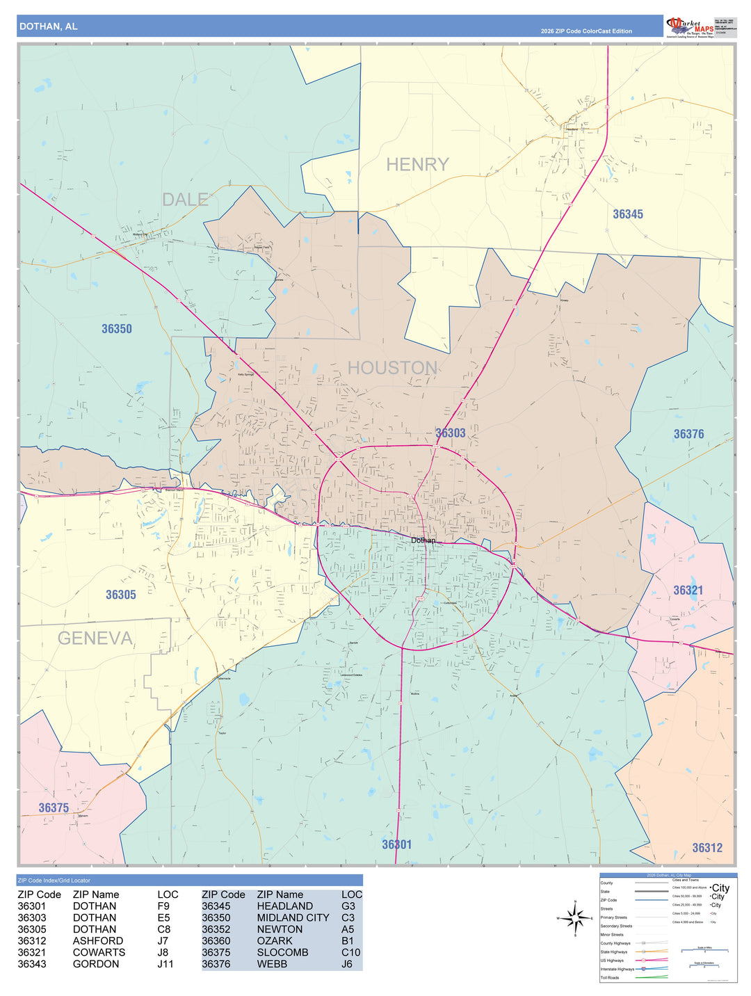 Color Cast Zip Code Style Wall Map of Dothan, AL