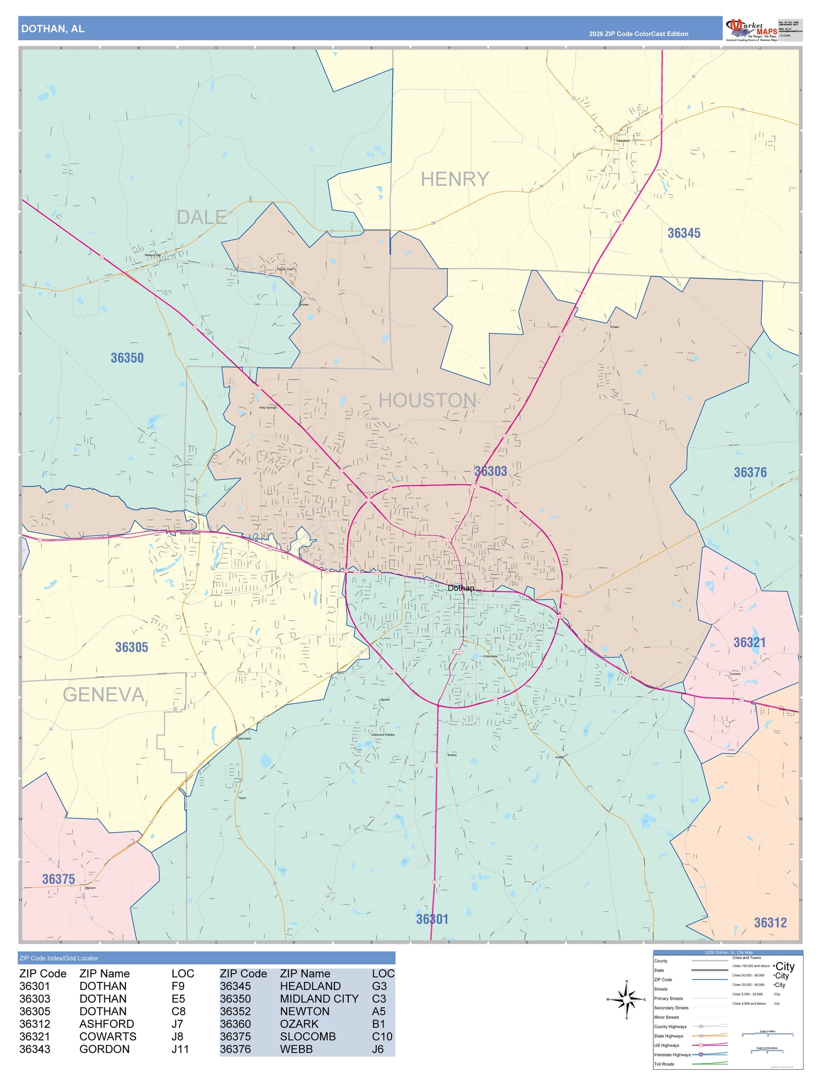 Color Cast Zip Code Style Wall Map of Dothan, AL
