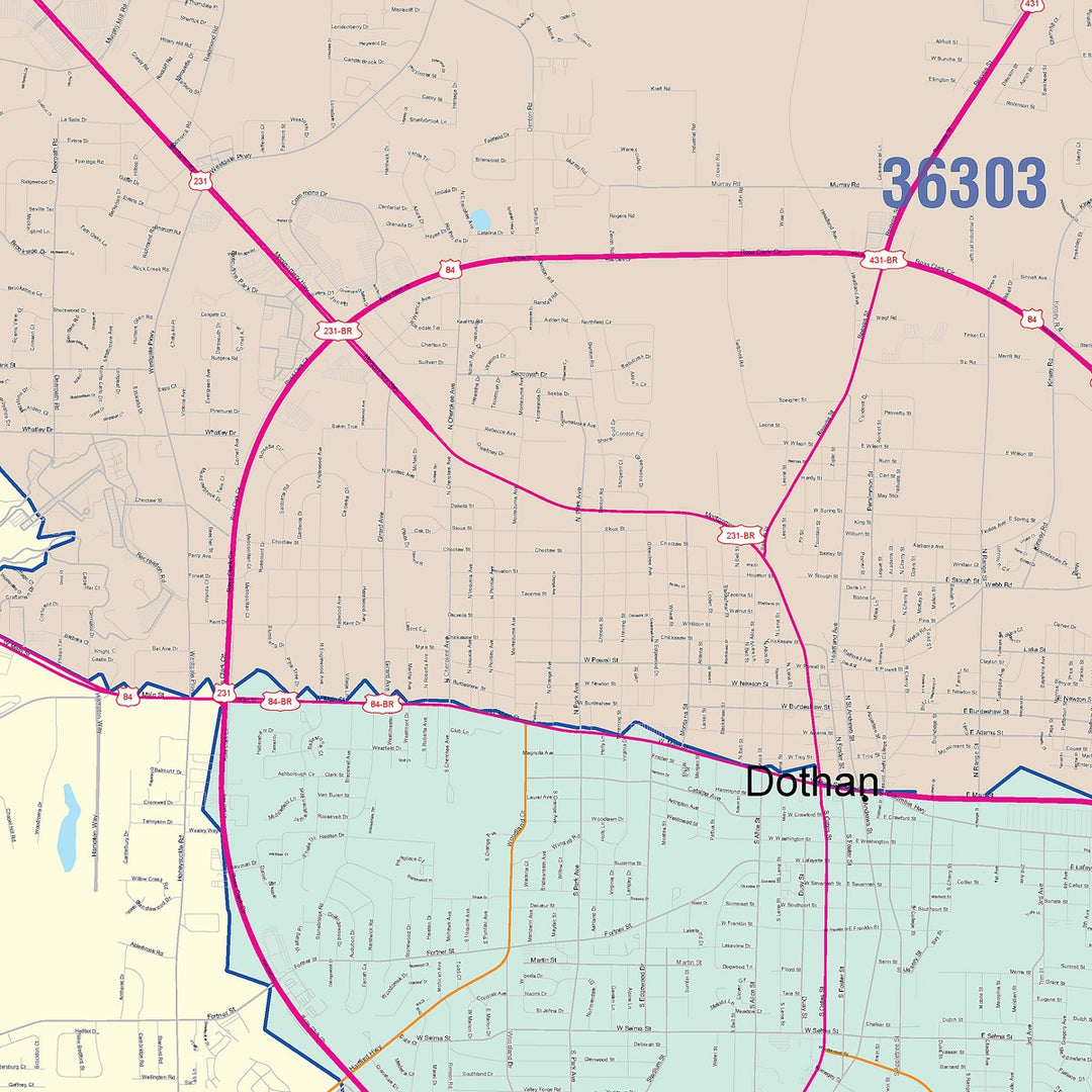 Color Cast Zip Code Style Wall Map of Dothan, AL