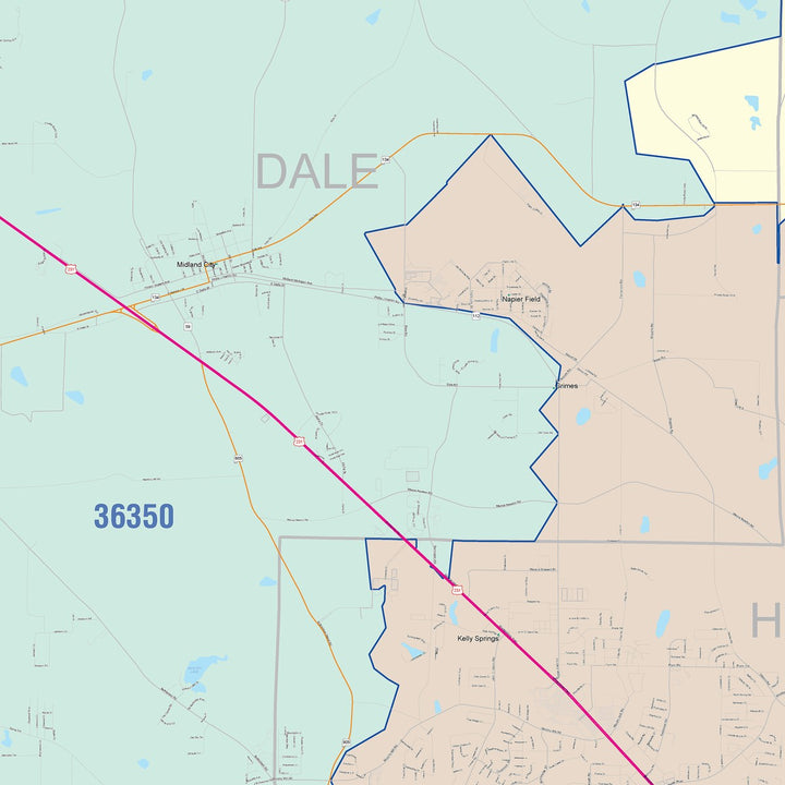 Color Cast Zip Code Style Wall Map of Dothan, AL