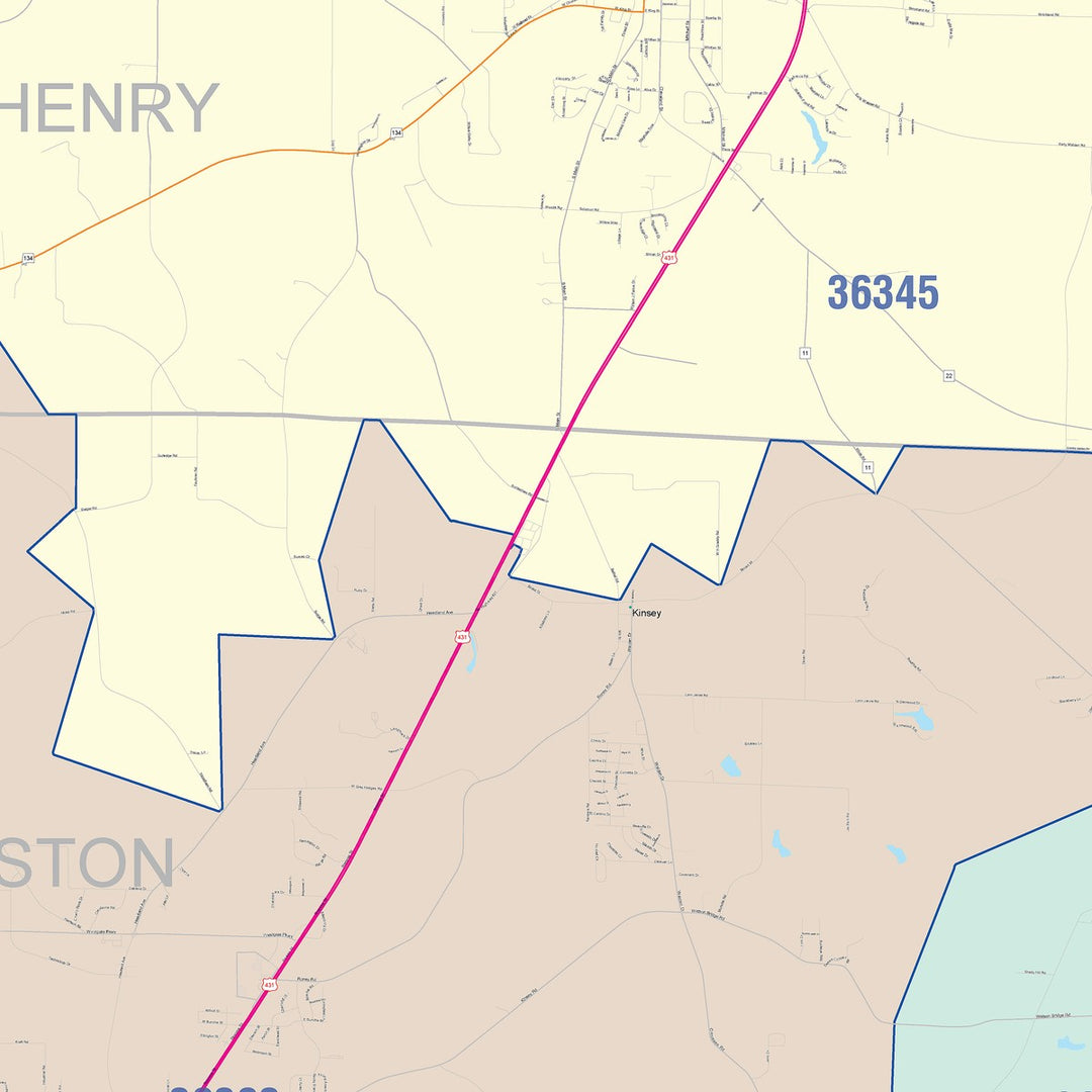 Color Cast Zip Code Style Wall Map of Dothan, AL
